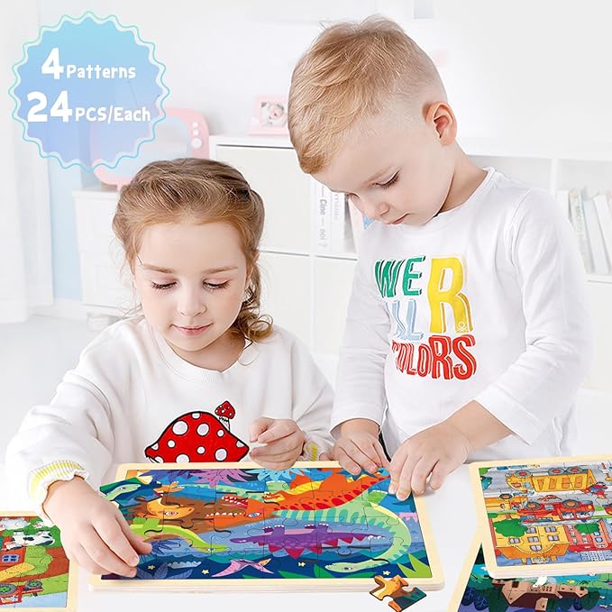 Wooden Puzzles for Kids Ages 3-5, 4 Packs 24 Piece Jigsaw Puzzles for 3 Year Old Boys Girls, Farm Urban Dinosaur Forest Animals Preschool Educational Brain Teaser Boards Toys