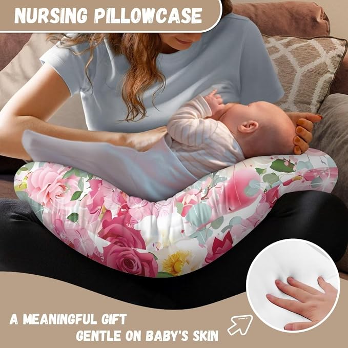 Pink Rose Nursing Pillow Cover Breastfeeding Pillow Slipcover for Baby Girls,Novelty Gifts for Mom Zippered Pillow Protectors Cover Case