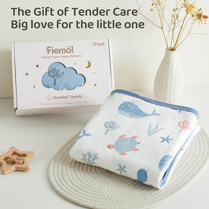 Hooded Baby Towels for Newborn,100% Cotton Baby Bath Towels with Hood for Infant Toddler Boy Girl, 2 Pack 32x32 Inch Soft & Absorbent Knit Terry Bath Essentials Blue Whale