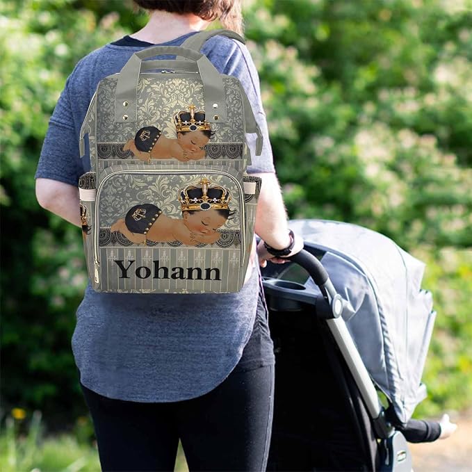M YESCUSTOM Personalized Name Diaper Bag Backpack, Grey Crown Diaper Baby Bags for Mom & Dad, Portable Travel Back Pack Baby Shower Gifts, Multifunction Nappy Changing Bag