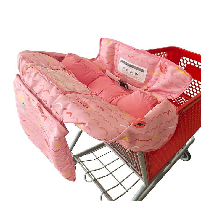 Love&go Soft Pillow Attached 2-in-1 Shopping Cart and High Chair Cover for Baby, Cotton Padded Cart Cover, Fold'n Roll Style, Portable with Carry Bag (Pink Fish)