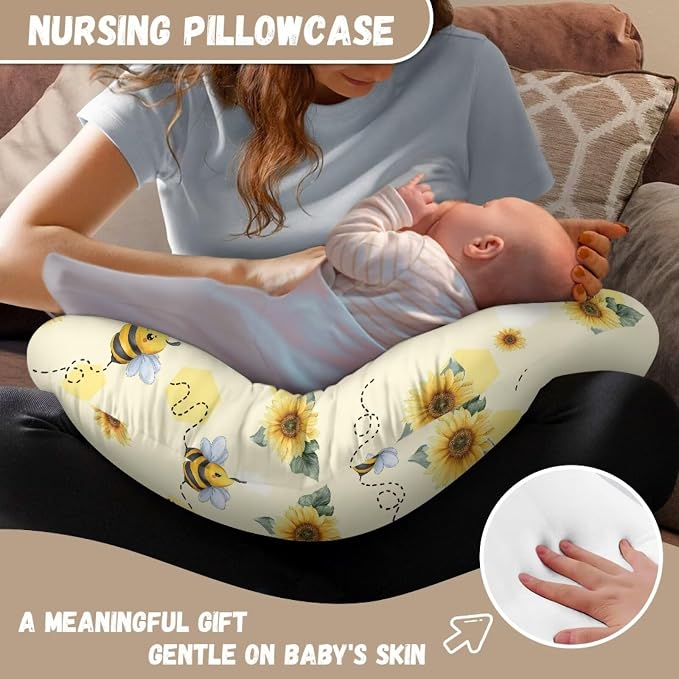 Sunflower Bee Nursing Pillow and Positioner Detachable Newborn Original Breastfeeding Slipcover Case Soft Head Support Protector Cushion Essential with Hidden Zipper Easy Care