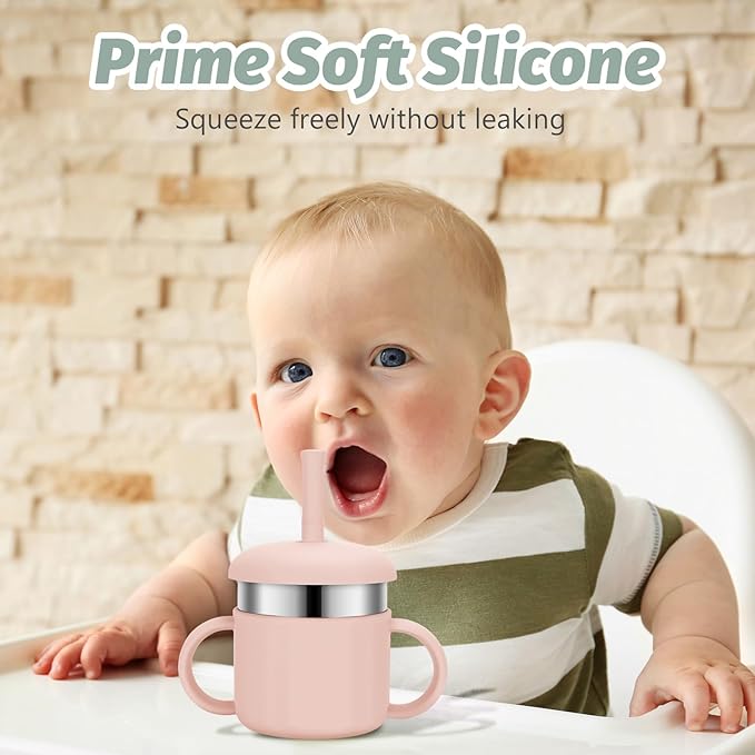 Baby Sippy Cups, 7.4 Oz Stainless Steel Training Cup with Silicone Straws, 3 Stages for Infants Toddlers 6-12 Month and Kids 1-3 Year, 4 Colors