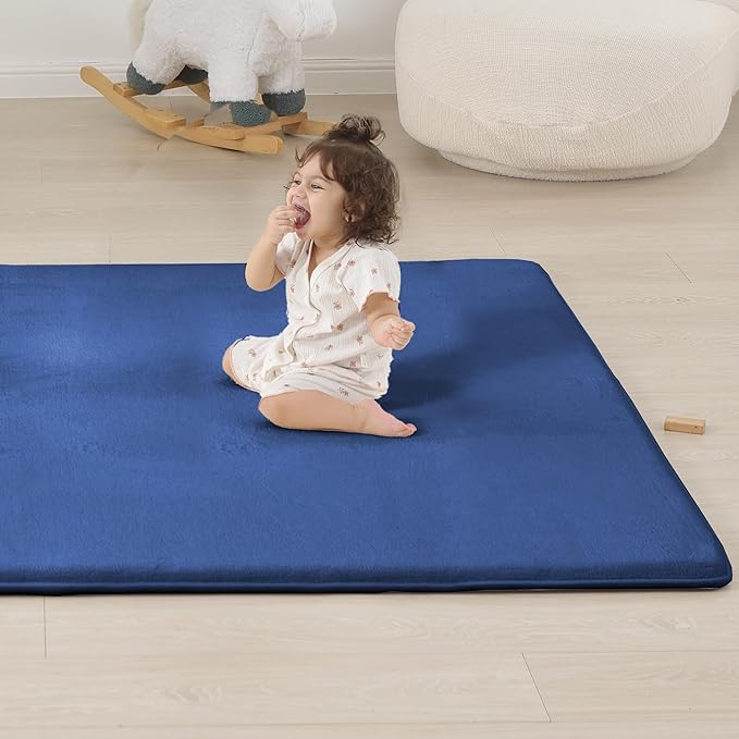 1.3" Thick Baby Floor Play Mat 71x79, Basic Padded Foam Mat for Tummy Time Crawling, Non Slip Cushioned for Babies Toddlers Infants Kids (Blue)
