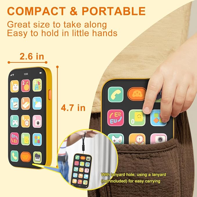 Bilingual Baby Phone Toy Phone for Toddler 1-3, Fun Early Learning Musical Baby Toys for 6-12 Months with Sounds and Light, English/Spanish, Gift for 1 Year Old Boys Girls Kids Infant, Orange