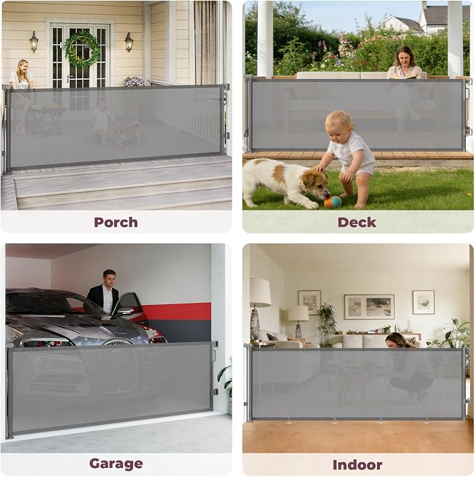 96" Retractable Baby Gates Large Openings, Extra Wide Mesh Dog Gate for Garage Deck Porch, Strong Suction Disc Prevent Crawling Under, 34" Tall Long Safety Gate for Child Indoor Outdoor, Gray