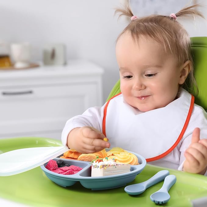 Meanplan 6 Pack Suction Plates for Toddlers with Lids Silicone Baby Plates set Food Grade Silicone Divided Design Microwave and Dishwasher Safe Assorted Colors(Mixed Colors)
