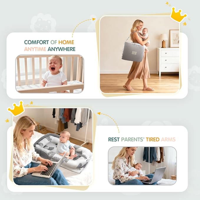 Portable Baby Lounger - Foldable Infant Lounge with Adjustable U-Shaped Bumper & Storage Bag, Breathable Cotton Snug Spot for Supervised Rest & Play at Home or On The Go,Gray Leaf