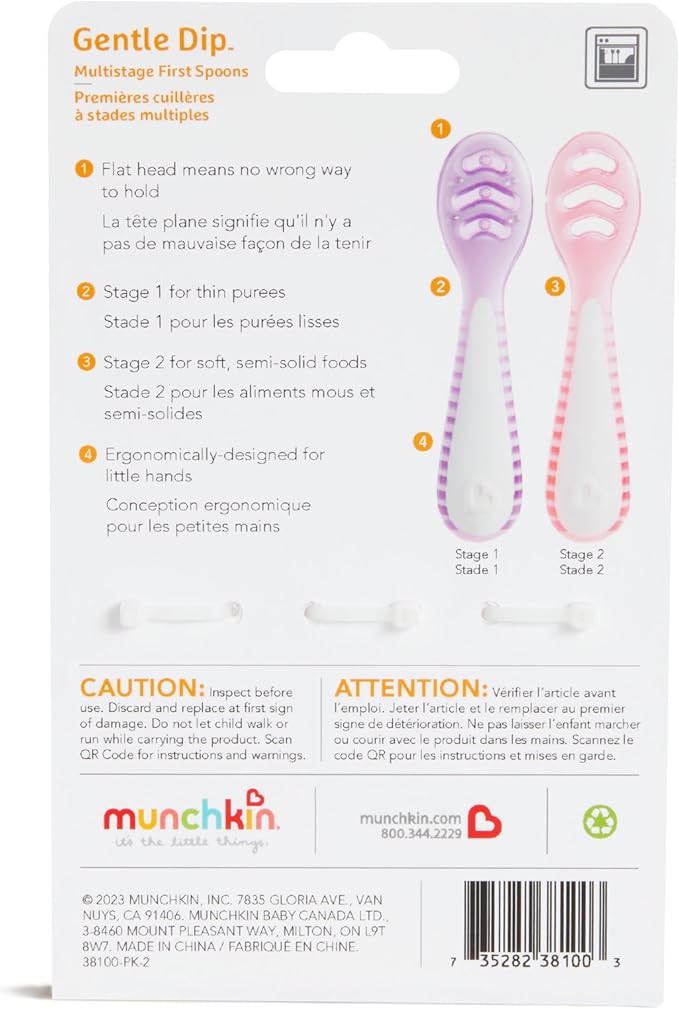 Munchkin® Gentle Dip??Baby Spoons for Self Feeding and Baby Led Weaning, 3 Pack, Pink/Purple
