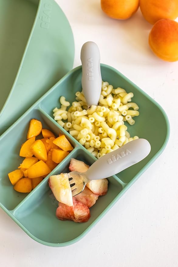 BEABA Set of 2 Stainless Steel Pre-Cutlery Spoon and Fork Set, Baby Toddler Stainless Steel with Silicone Utensil Set, Baby Toddler Spoon Fork Silverware Set, Grey