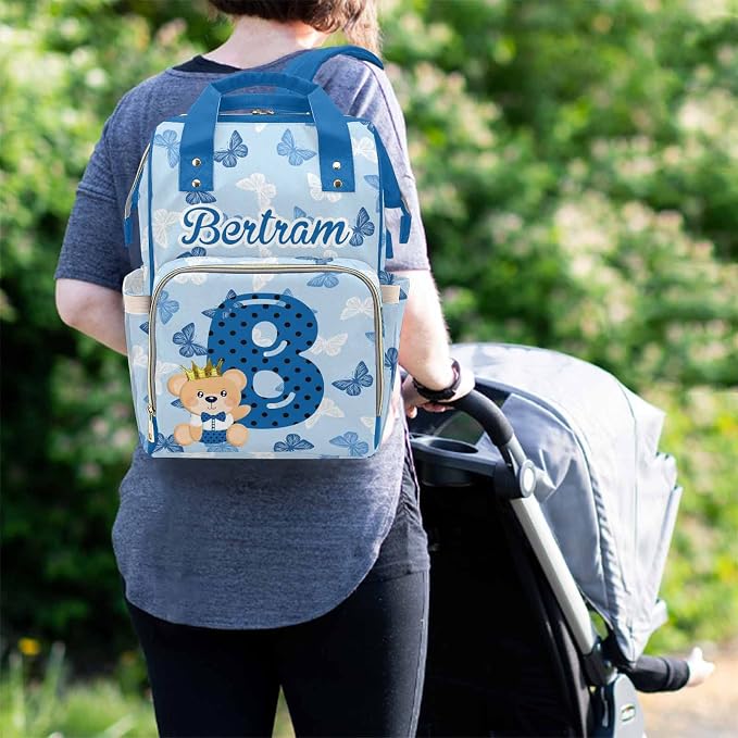 M YESCUSTOM Diaper Bag Custom Name Letter Personalized Blue Butterfly Diaper Bag with Cartoon Prince Bear Suits for Women Travel Outdoor Use