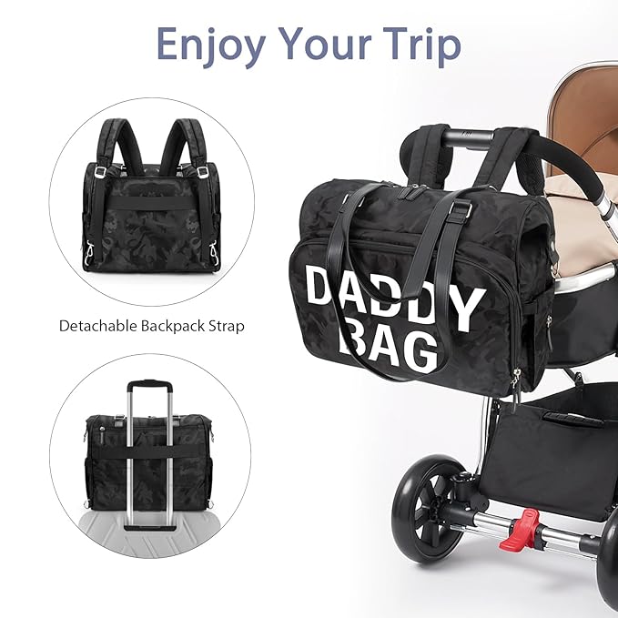 Pripher 4 in 1 Convertible Daddy Bag Backpack, Camo Black Diaper Backpack for Dad and Mom, Father's Bag for Hospital with DADDY Imprint, Baby Care Diaper Backpack & Tote with 14 Pockets