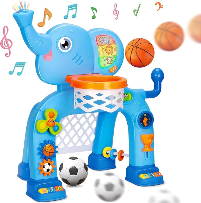 KIZZYEA Toys for 1 2 3 Years Old Boys Girls, Toddler Basketball Hoop & Soccer Goal, Montessori Toy, Interactive Musical Sports Toys with Light, Christmas Birthday Gifts for Baby Kids Age 12-18 Months