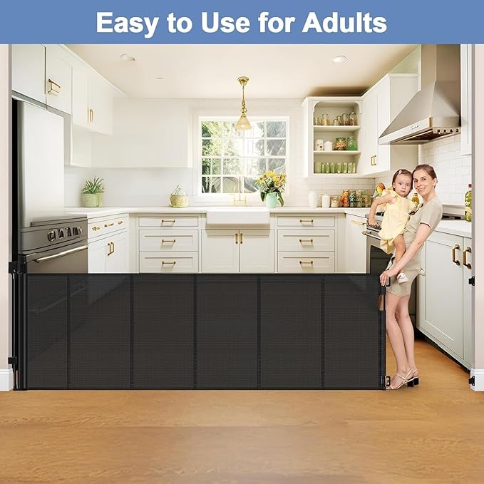 Reinforced 120 Inch Extra Long Retractable Dog Gates for Doorways Extra Wide Pet Gate Indoor 10 Ft Retractable Baby Gates for Dogs 33 Inch Tall Mesh Baby Gate Long with Reinforced Strips, Black