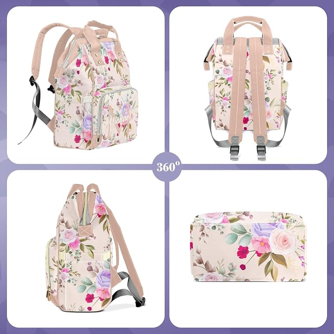 Custom Diaper Backpack, Upgraded Large Capacity Baby Changing Bag, Personalized with Name, Multifuction Mommy Backpack with Insulated Pockets for Boys Girls, Floral