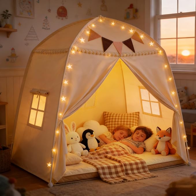 Large Teepee Tent for Kids: with Star Lights & Flags - 3-Window Cone Ball Playhouse for Indoor & Outdoor - Portable & Foldable Gift for Boys & Girls - Cream, 59.1"x39.4"x59.1"