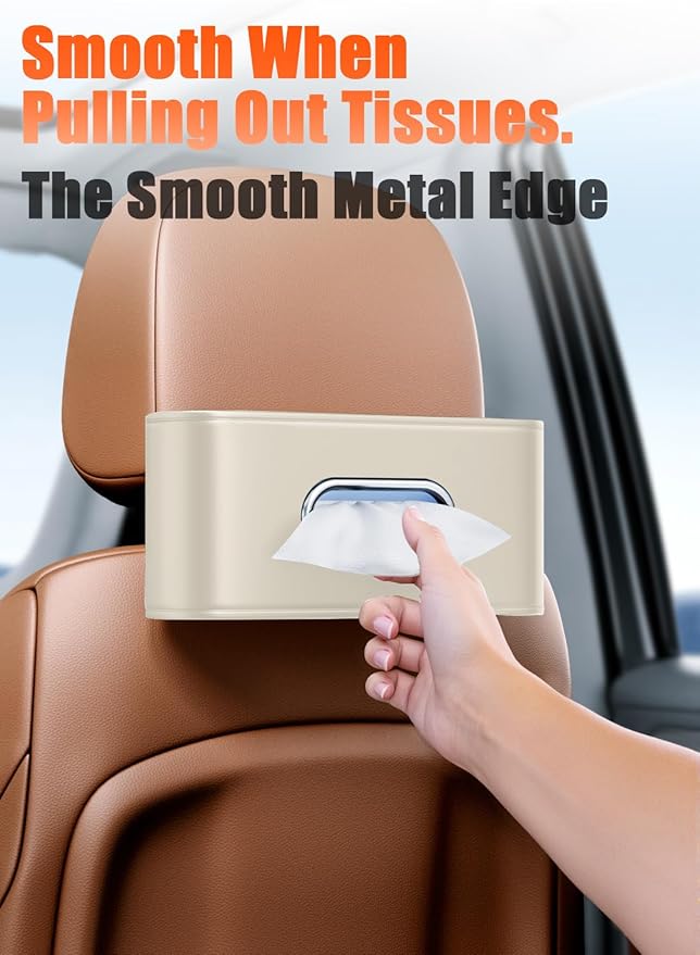 MTGOCHA Car Tissue Holder (2 Pack), Large Tissue Box Cover Keep Tidy, Premium PU Leather Backseat Napkin Holder Tissues Dispenser for Car Fits Standard 80-160 Count Tissue Boxes, Beige
