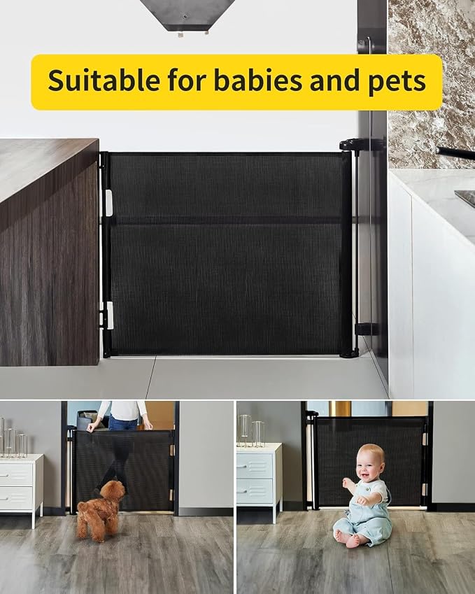 Retractable Baby Gate,Mesh Baby Gate or Mesh Dog Gate,33" Tall,Extends up to 71" Wide,Child Safety Gate for Doorways,Stairs,Hallways,Indoor/Outdoor(Black,33"x71")