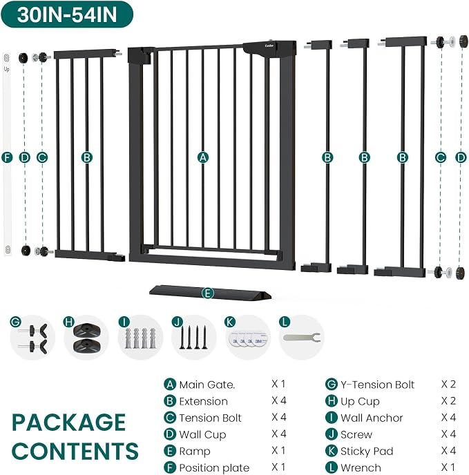 Cumbor 2 Pack 30-54" Baby Gate for Stairs, Dual Lock & Self-Closing Dog Gate for Doorways, Easy Install Pressure Mounted Pet Gates Indoor, Easy Walk Thru Wide Safety Proofing for Babies & Pets, Black