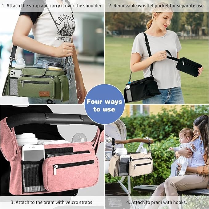 Baby Stroller Organizer, Universal Stroller Organizer with Detachable Phone Bag, Stroller Caddy with 2 Insulated Cup Holders, Buggy Organizer Bag with 2 Hooks Fits Most Strollers (Green)