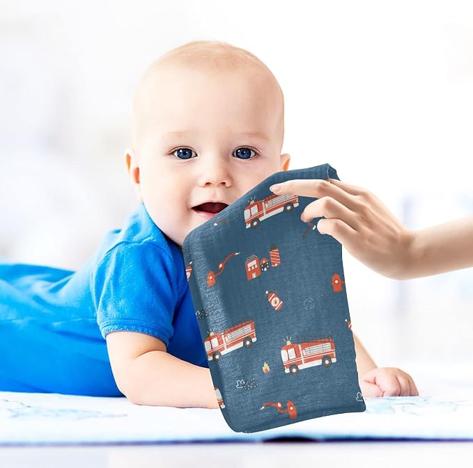 vvfelixl Baby Muslin Washcloths, Firefighters Pattern Baby Burp Cloths, Cotton Baby Face Towel for Newborn Infants Boys Girls Soft and Absorbent 11.8 X 11.8 in, 3 Pack Blue