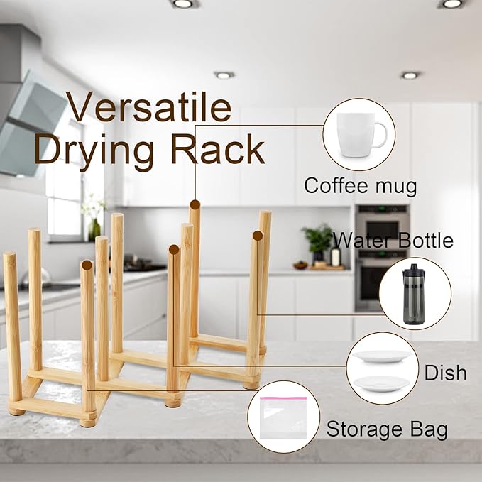 Yesland 2 Pack Wooden Bottle Drying Rack - Retractable Bamboo Dish Drying Rack Plastic Bag Drying Stander Holder for Water Bottles, Dish, Plate, Cup, Book, Pot Lid, Cutting Board, Reusable Baggies