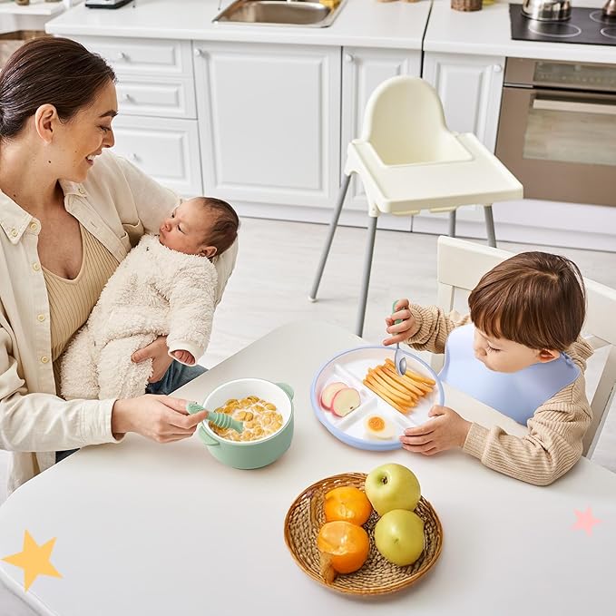 Teenyyou 9 Pcs Porcelain Kids Plates and Bowls Feeding Set with Suction, Ceramic Baby Toddler Divided Plates Silicone Sleeve Bowls Forks Spoons Cup Bib Microwave Dishwasher Safe(Sweets)