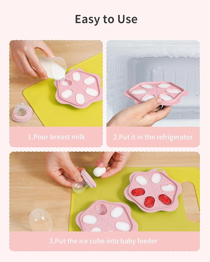 Silicone Baby Fruit Food Feeder (2 Pack) with Freezer Nibble Tray, Breastmilk Popsicle Molds for Baby Teething Relief, Feeder for Safe Infant Self Feeding, BPA Free, Dishwasher Safe, 3 Month+ Pink