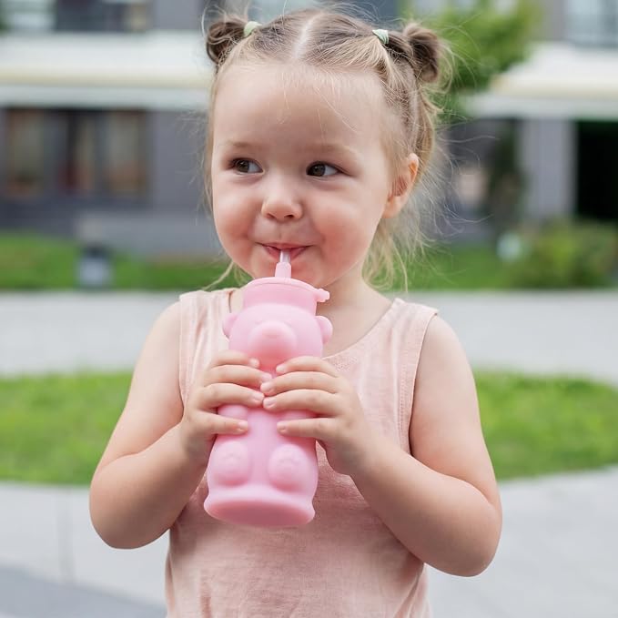 Silipint Honey Bear Straw Cup for Baby & Toddler – Soft Silicone Squeeze Training Straw Cup, Leak-Resistant Baby Sippy Cup for Bottle Transition, BPA Free, Dishwasher Safe, 8 oz Pink