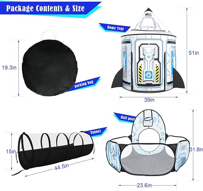 3pc Kids Play Tent for Girls with Ball Pit, Crawl Tunnel, Princess Tents for Toddlers, Baby Space World Playhouse Toys (3PC White Rocket Play Tent)