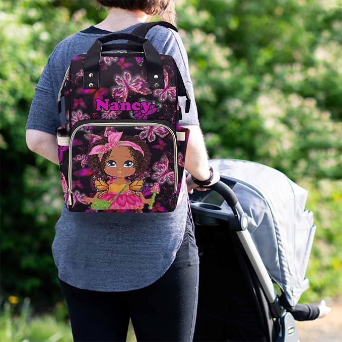 M YESCUSTOM Customized Butterfly Travel Nursing Nappy Bag with Name Personalized Diaper Bag with Name Custom Newborn Gift for Women (Black)