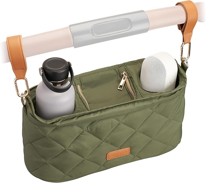 Beautiful Stroller Caddy Organizer With 2 Cup Holders ??Luxury Stroller Bag, Universal Fit, Leather Straps & Zipper Pocket ??Spacious Accessories Perfectly Fits Doona, Nuna & Uppababy Strollers