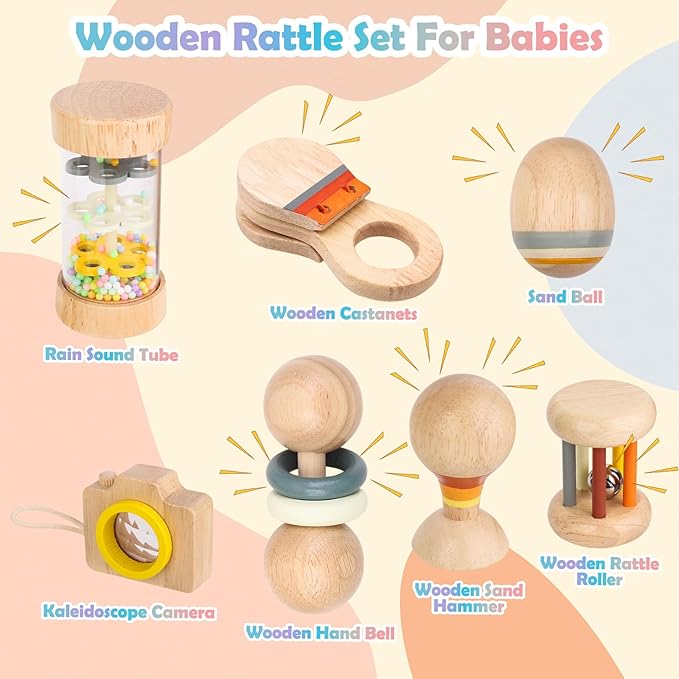 Montessori Wooden Baby Toys 7-in-1 Sensory Set for Babies 0??2 Months, Rain Sound Tube & Rattle Roller, Sensory Musical Gift for Baby Boys and Girls with Storage Bag