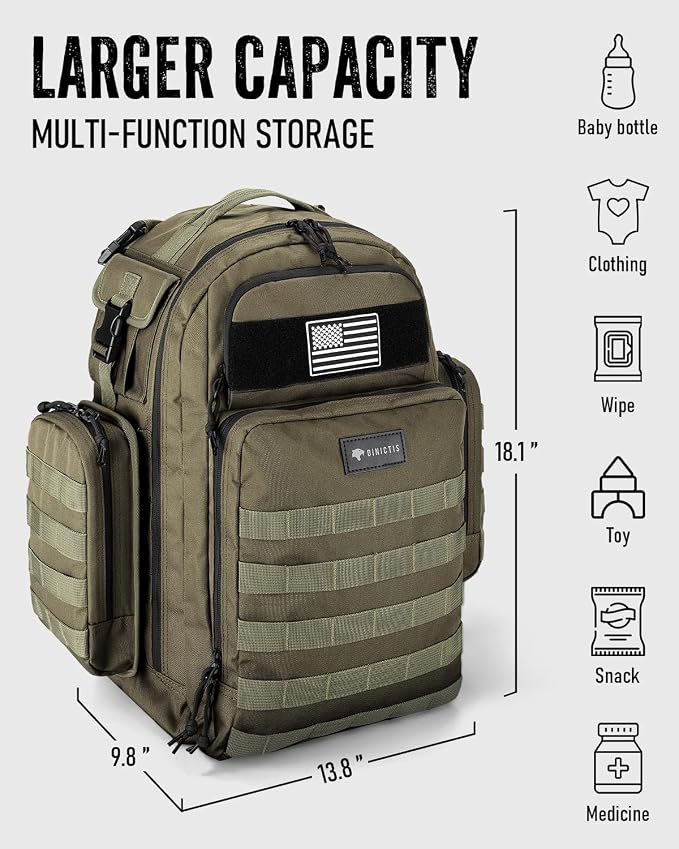 Dinictis Dad Diaper Bag, Mens Diaper Bag Backpack with Diaper Changing Mat, Military Diaper Backpack with Molle Webbing, Waterproof Pouch, Baby Wipes pocket, Insulated Bottle Pockets- Jungle Green