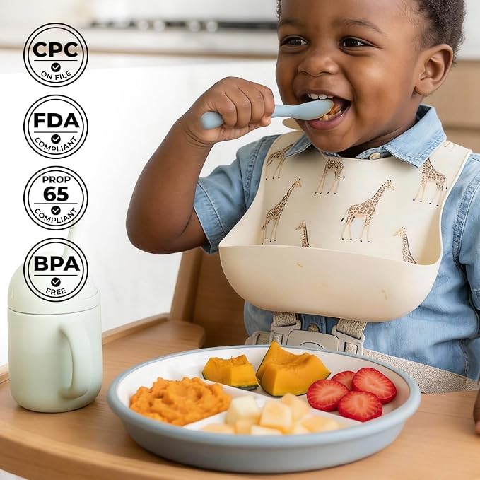 DOWAN 7.8'' Ceramic Toddler Suction Plates, 4 x Divided Baby Plates with Silicone Sleeve, Lead-Free Unspill for Self-Feeding, Microwave & Dishwasher Safe, Easy Release, for Home/High Chair/On-the-Go