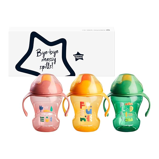 Tommee Tippee 8oz Trainer Sippee Cups with Handles for Babies and Toddlers, Spill-Proof, BPA Free, Pink, Green and Orange, Pack of 3