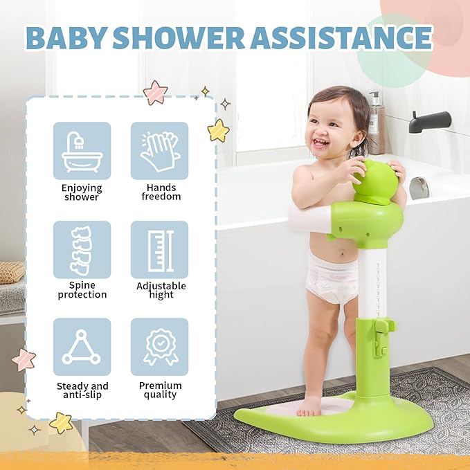 Baby Shower Stand, Toddler Bath Standing Support with Anti-Slip Base and Shower Holder, Adjustable Height, Soporte para Bañera de Bebé, Ideal Gift for Infants 6-36 Months-Green (Upgraded-Frog)