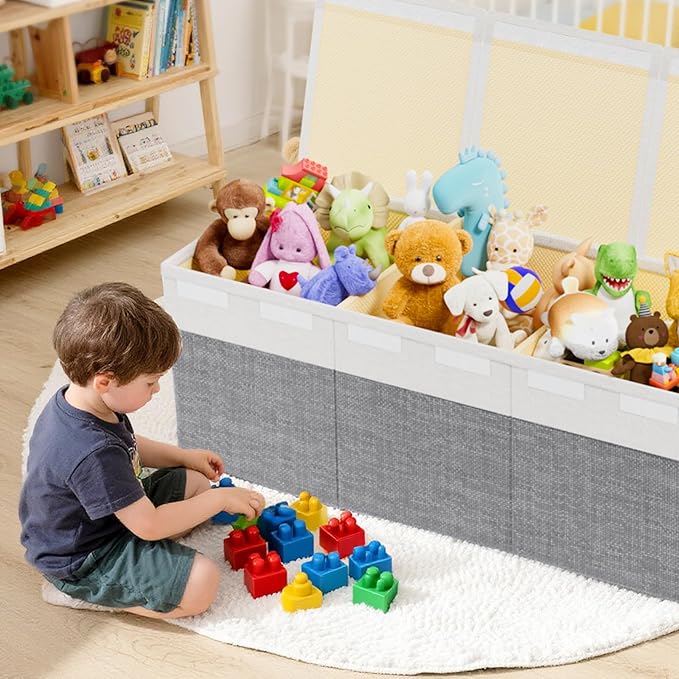 Dayacoco 40"X14"X16" Extra Large Toy Box Chest with Lids, 150L Collapsible Sturdy Kids Toy Storage Organizer Boxes for Boys Girls, Sturdy Toys Chest Storage Organizer Bin Basket, Gray & White