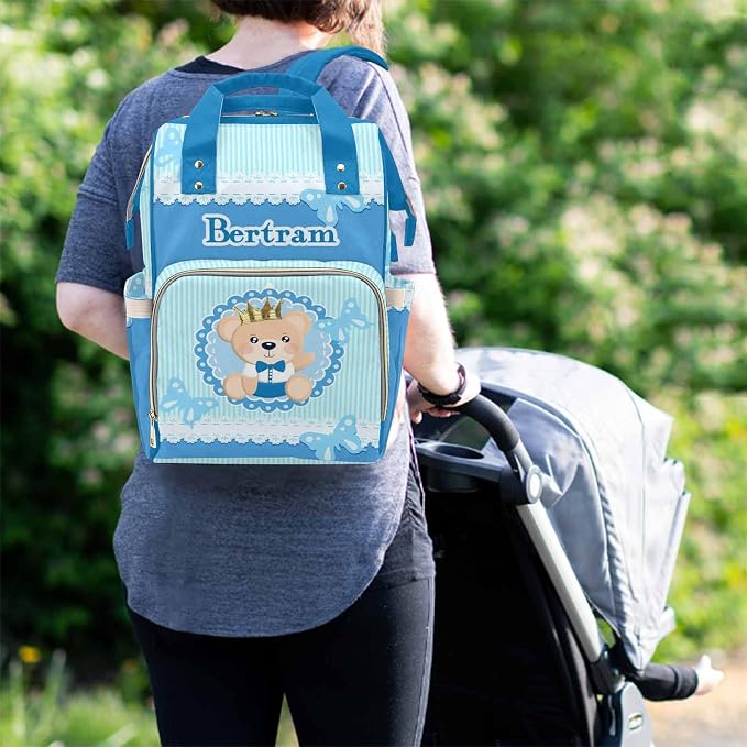 M YESCUSTOM Personalized Blue Vertical Stripe Butterfly Mommy Bag Custom Name Diaper Bag Backpack Customized Gift for Mothers Day Fathers Day