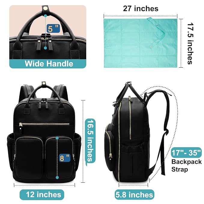 MOMINSIDE Diaper Bag Backpack, Leather Baby Bag with 18 Pockets, Diaper Backpack for Women Mom, Travel Baby Bag for Girl Boy, Large Wet Pocket, 4 Insulated Pockets, Stroller Straps, Black