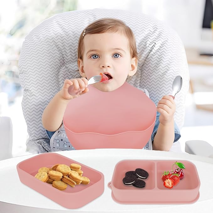Travel Silicone Baby Feeding Set with 316 Stainless Steel Spoon & Fork ,Silicone Suction Plates, Foldable Bib, Storage Bag - Portable Infant Toddler Utensils, 6-Piece BPA-Free Dishware Kit(pink)