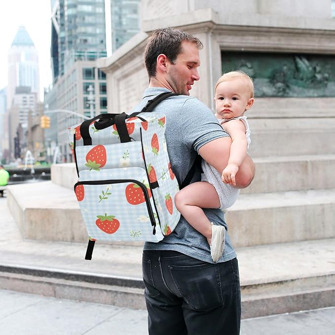Personalized Strawberry Flower Blue Gingham Diaper Bag Insul Pockets Mom Dad