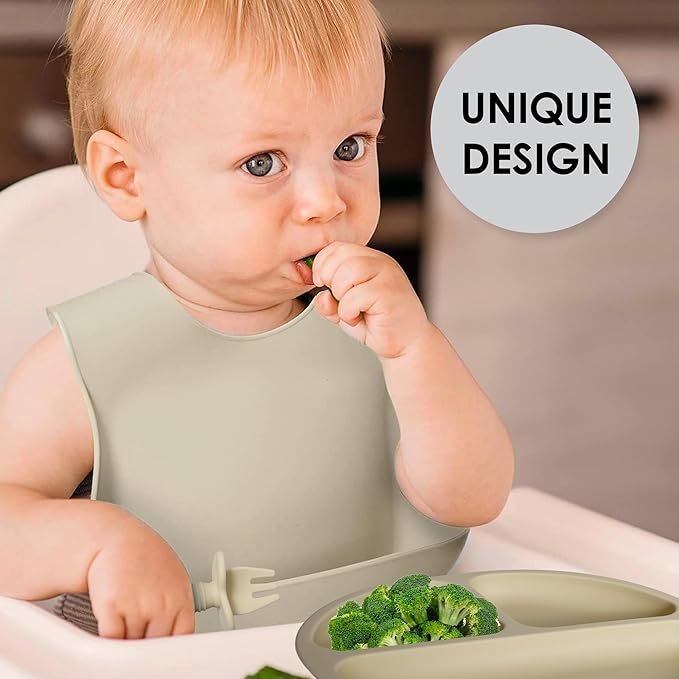 Bluet B- Silicone Baby Feeding Set - Baby Led Weaning Supplies - Baby Spoons, Suction Bowl - Plate - Baby Utensils - Silicone Feeding Set for Baby First Foods, Infant Eating - 8pcs - Beige
