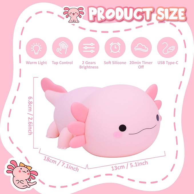 Lampeez Axolotl Gifts, Cute Axolotl Night Light, Soft Silicone Lamp Nursery Nightlight LED Touch Light, Bedroom Decor as Xmas Birthday Gift for Boys Girls