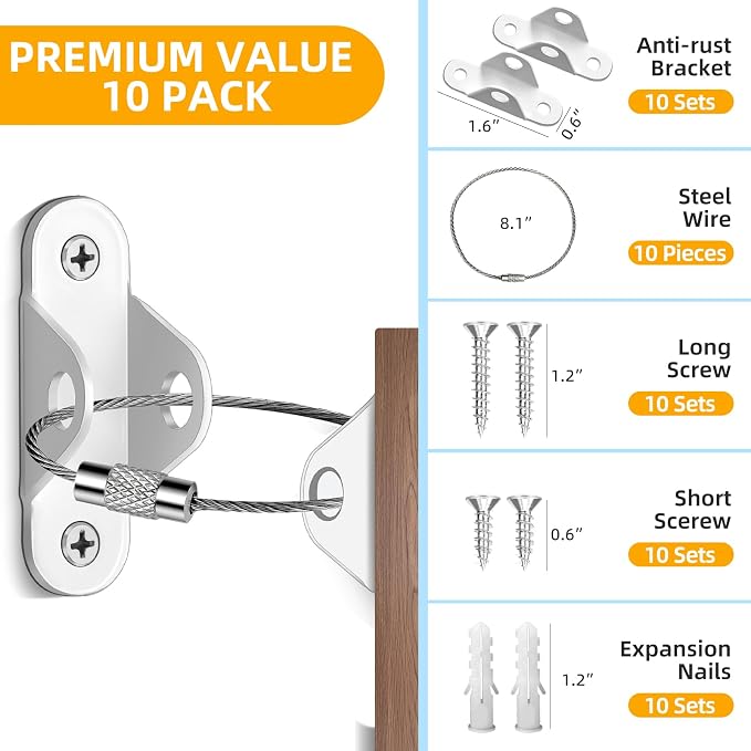 Furniture anchors10-Pack Baby Proof Heavy Duty Furniture Anchors for Dressers, Bookcases and TV Cabinets 400LB Anti Tip Kit with Stainless Steel Hardware Shock Straps (White)