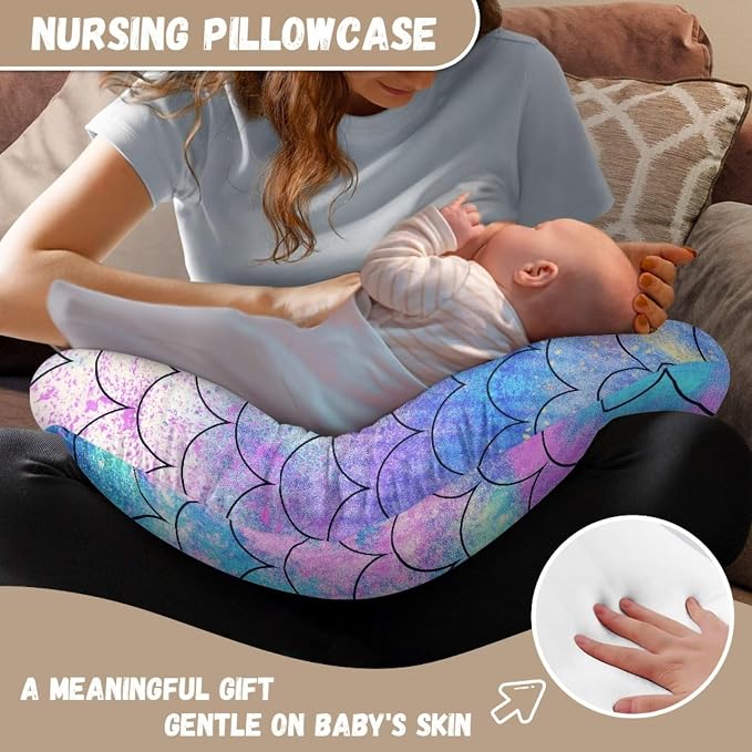 Mermaid Scale Nursing Pillow and Positioner Detachable Original Breastfeeding Newborn Nursing Pillow Case Stretchy Replaceable Head Support Protector Cushion Essentials with Hidden Zipper