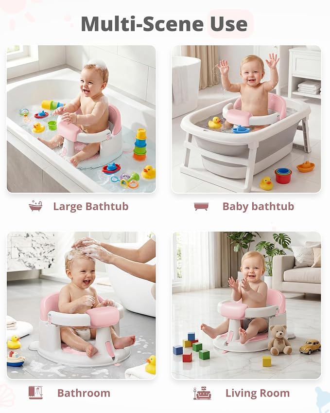 ONTHEWEI Baby Bath Seats for Babies Sitting Up, Non-Slip Baby Bathtub with 3 Suction Cups, Safe & Comfortable Toddler Bath Seat Ideal for Baby Bath/Shower Support, Stable Design, Grey (6-24 Months)