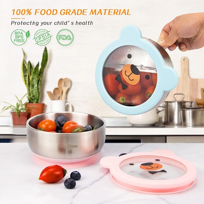 MR. CHOU Food-Grade Stainless Steel Baby Bowls with Leakproof Tempered Glass Lid, First Stage Baby Led Weaning Supplies for Boys & Girls, Silicone Suction Bowls for Baby Feeding (Pink)