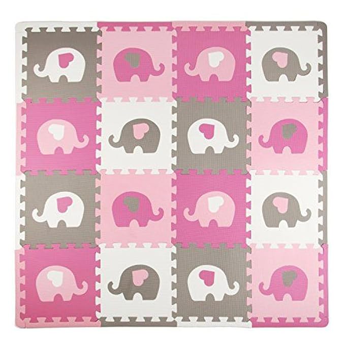 Tadpoles Elephants with HearsFoam Playmats for Kids, 16 Interlocking Foam Tiles, Waterproof, Durable, and Long-Lasting | Total Floor Coverage 50” x 50” | for Ages 3 and Up | Pink, Grey, and White