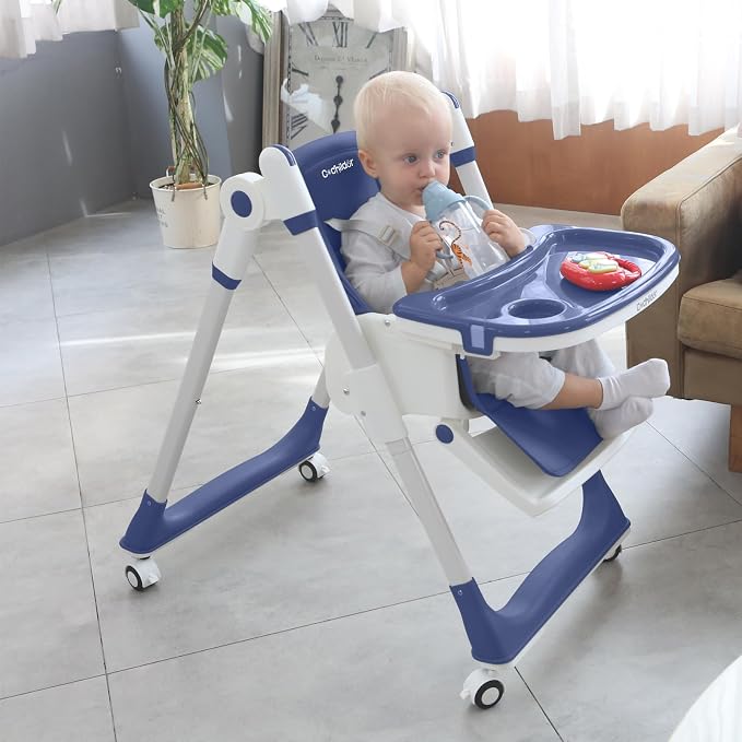 Cochildor 3-in-1 Foldable High Chair for Babies & Toddlers – Adjustable Height, Reclining Seat, 5-Point Safety Harness, Removable Tray, Lockable Wheels, Washable Cushion – Portable & Easy Clean, Blue